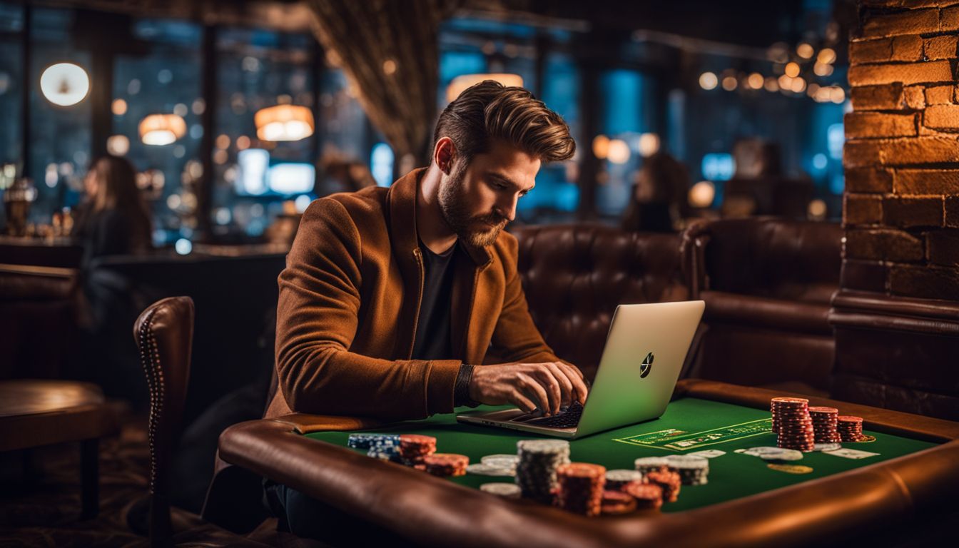 Man fokuserad på bärbar dator vid ett kasinobord med pokermarker.