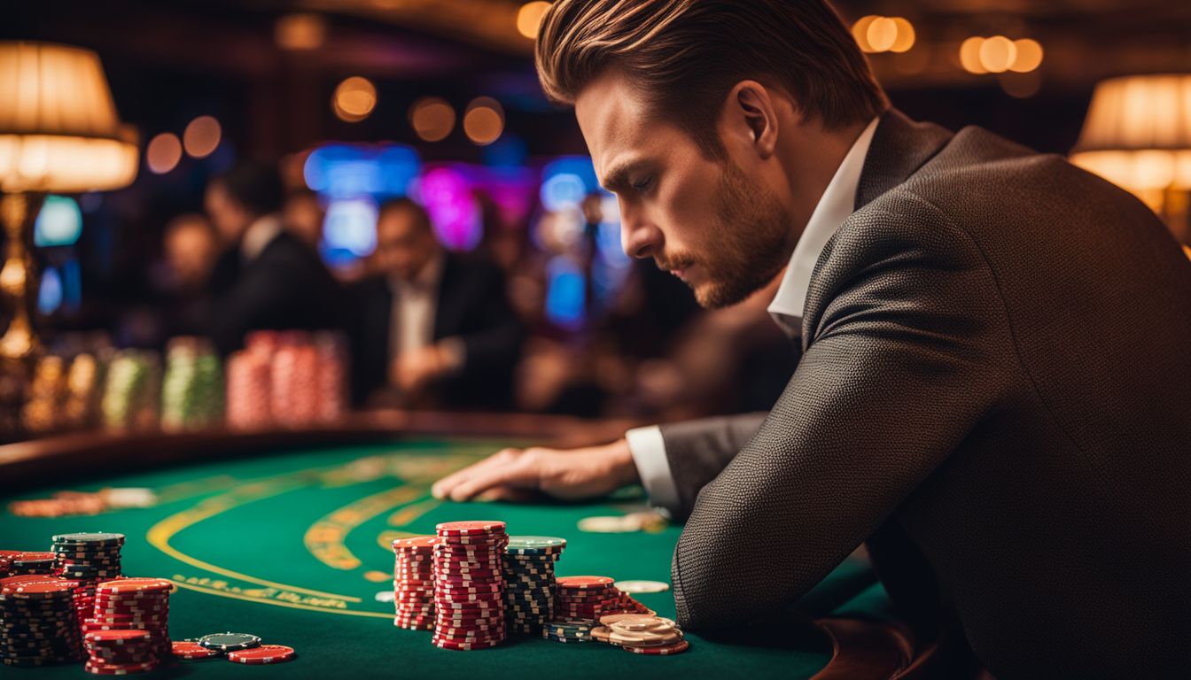 En person bedömer pokermarker på ett lyxigt kasinobord.