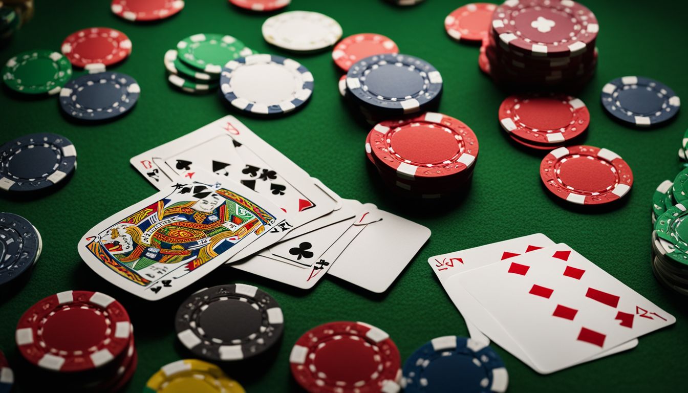 Ett urval av färgglada pokermarker och en royal flush i spader på ett grönt filtbord.