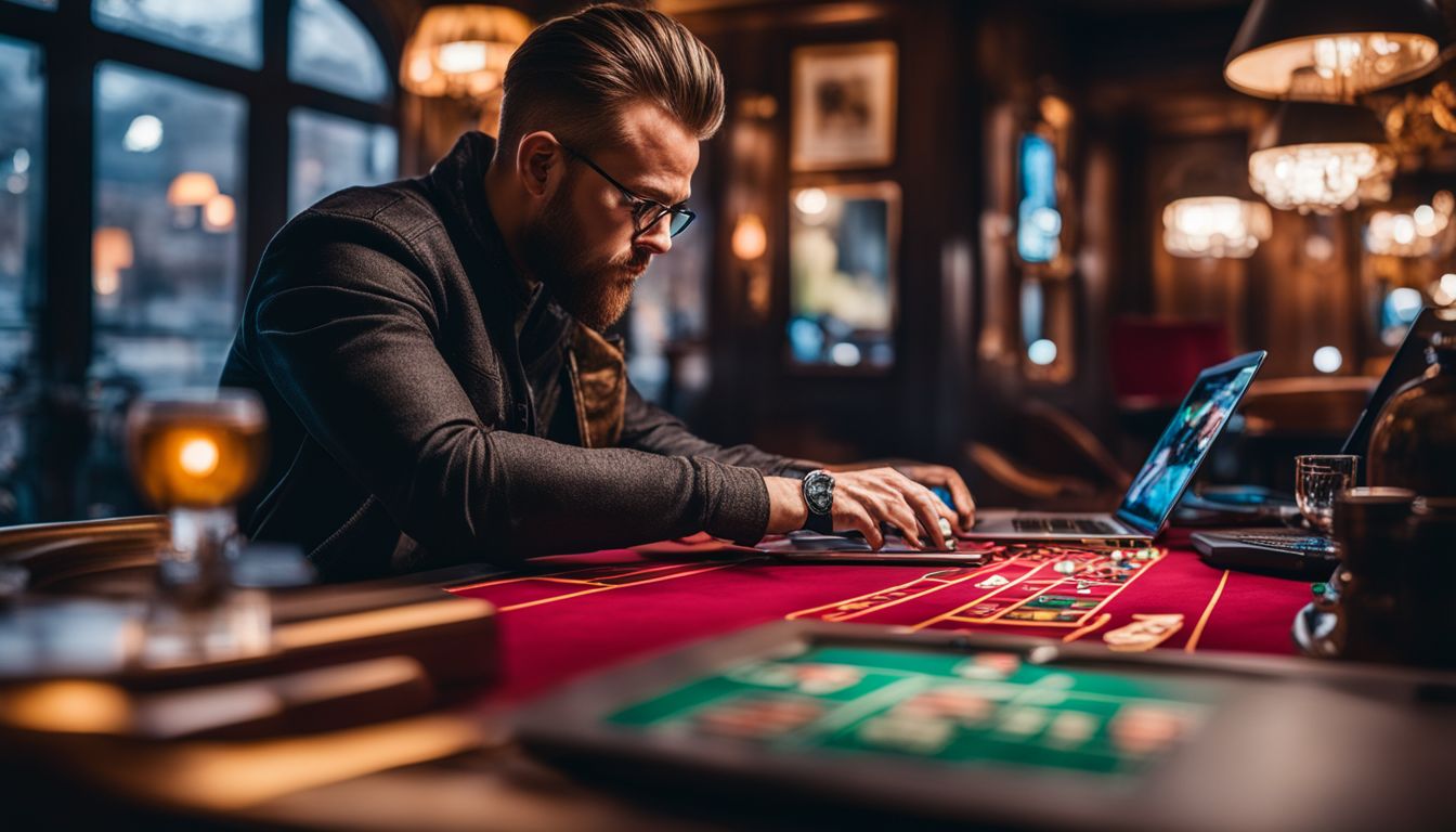 En fokuserad man satsar vid ett kasinobord med en bärbar dator öppen i närheten.
