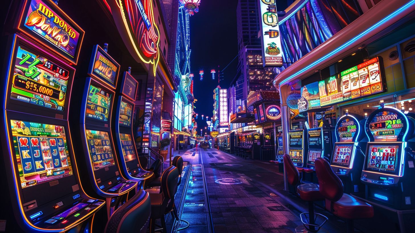 En livlig kasinogränd på natten med neonskyltar och spelautomater.