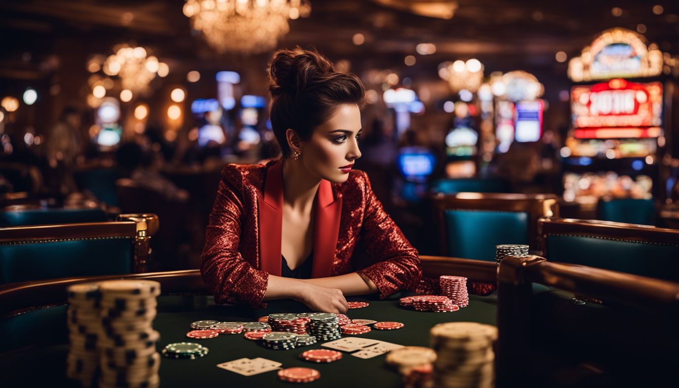 En person sitter ensam omgiven av casinospel i en dämpad miljö.