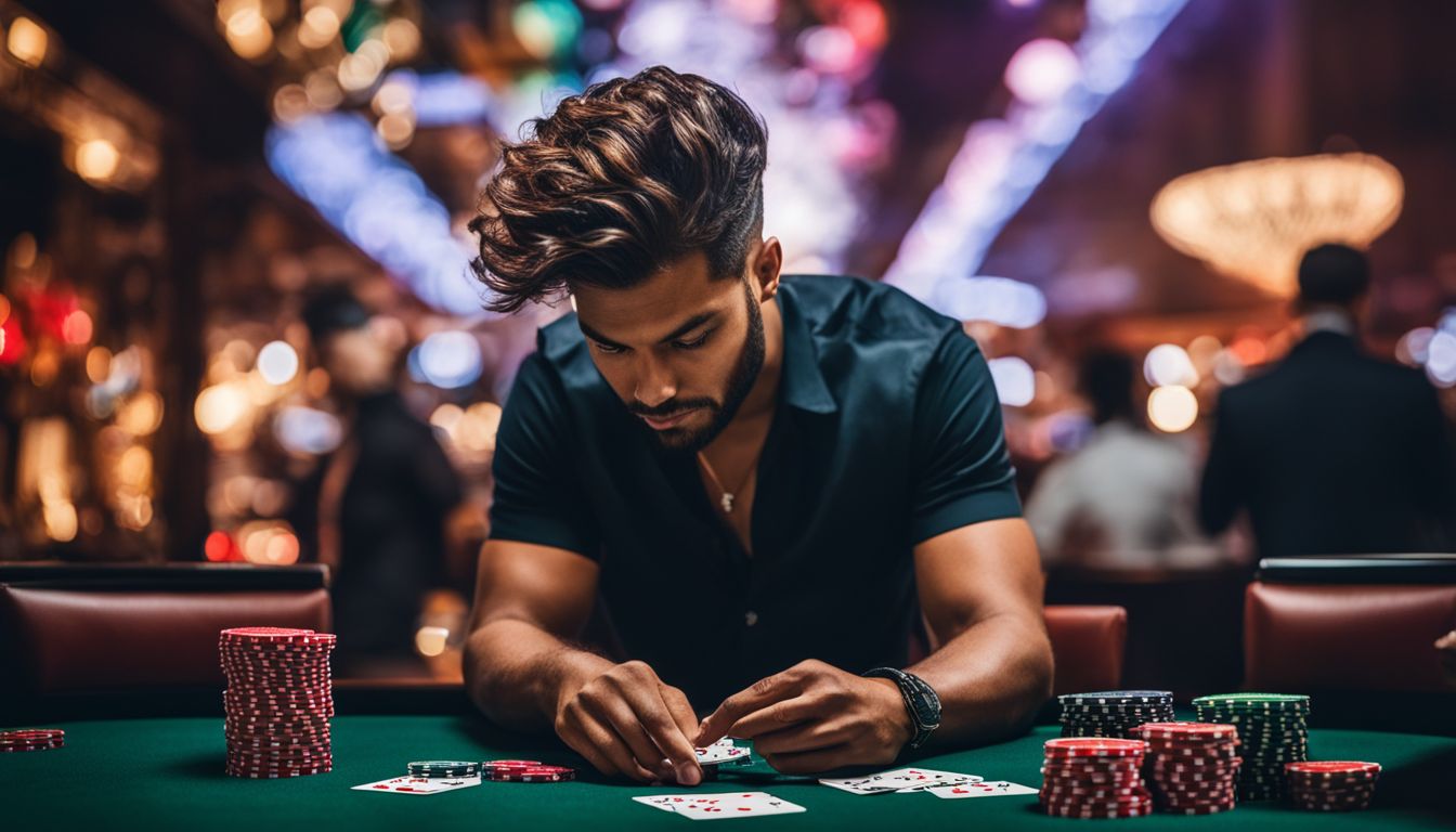 En person omgiven av kasinobrickor och spelkort i stadsmiljö.