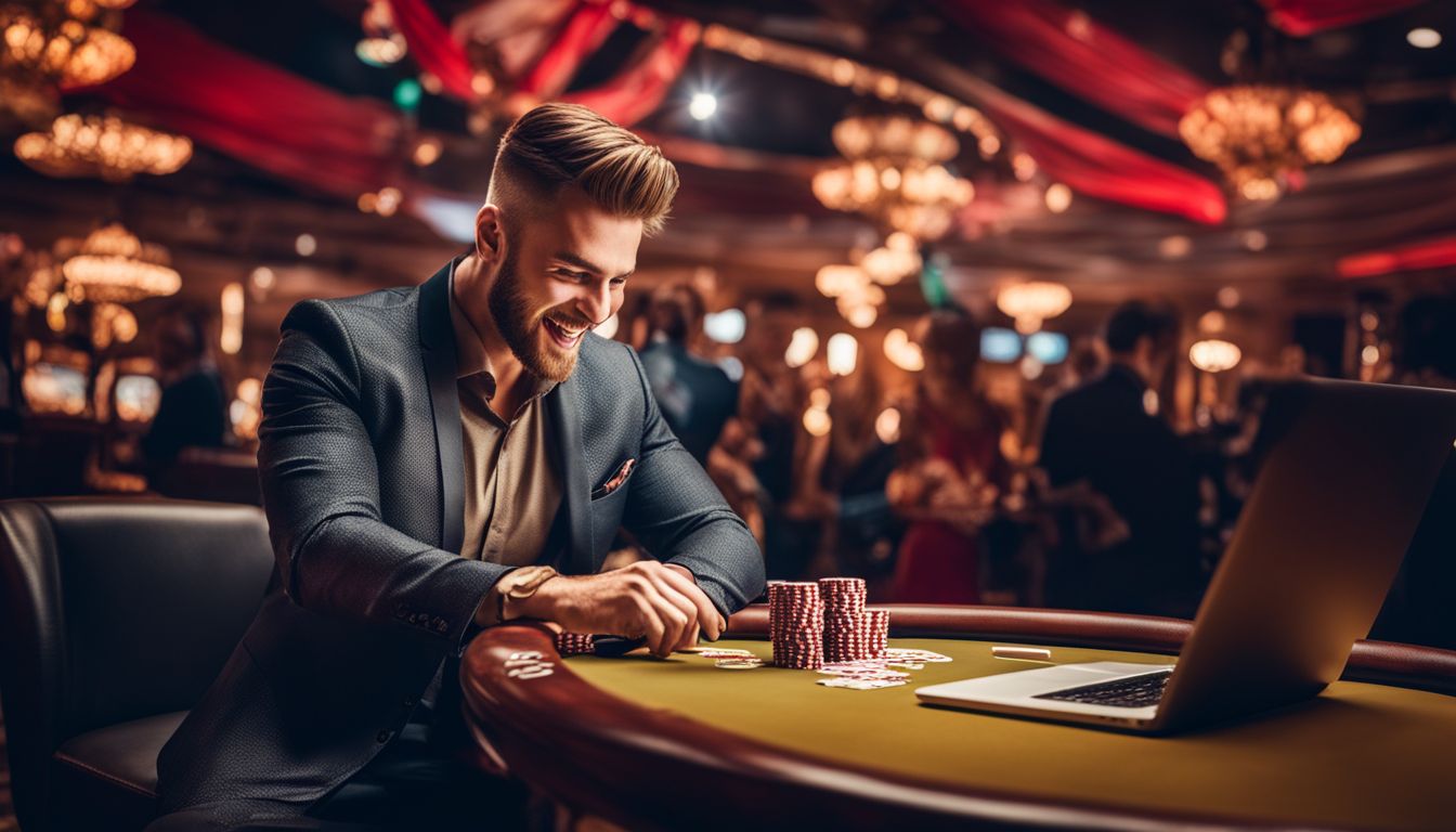En online spelare firar en stor vinst omgiven av kasinoinredning.