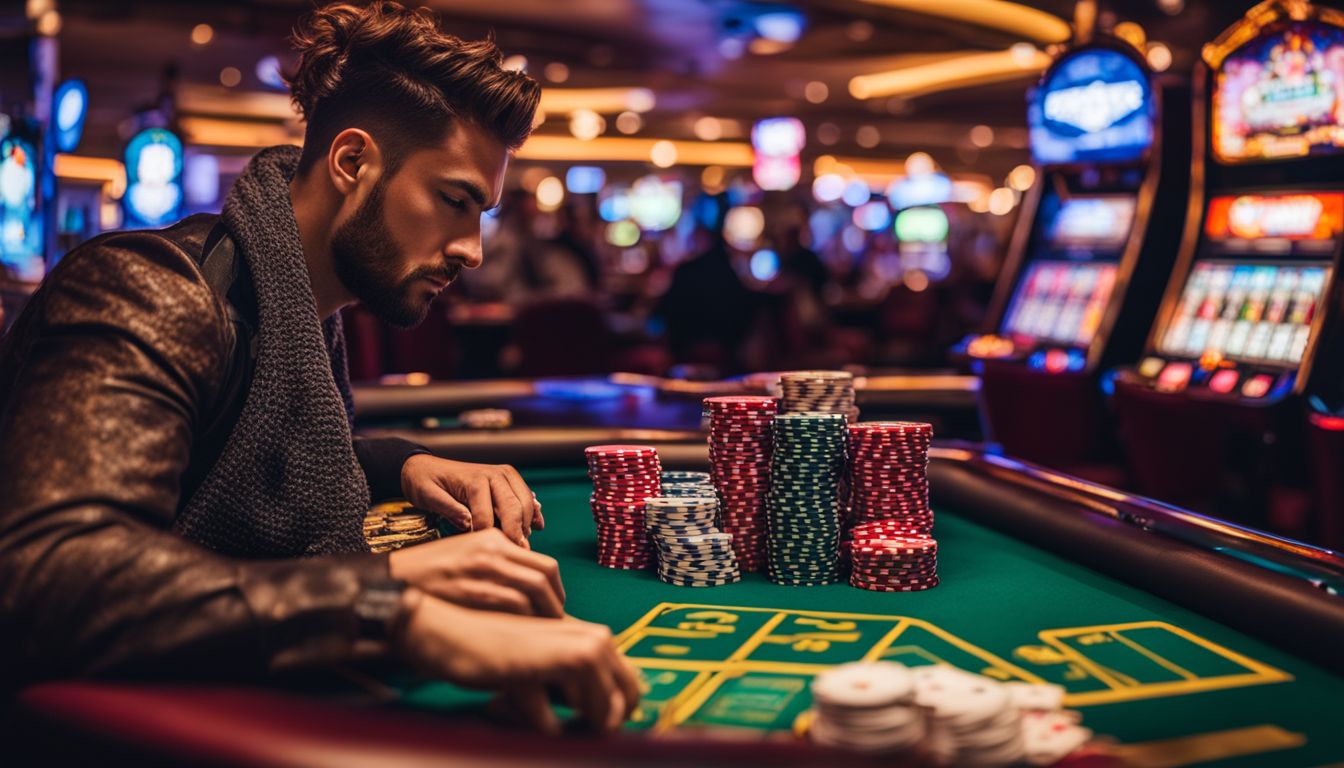 Man sitter vid ett kasinobord med högar av pokermarker.