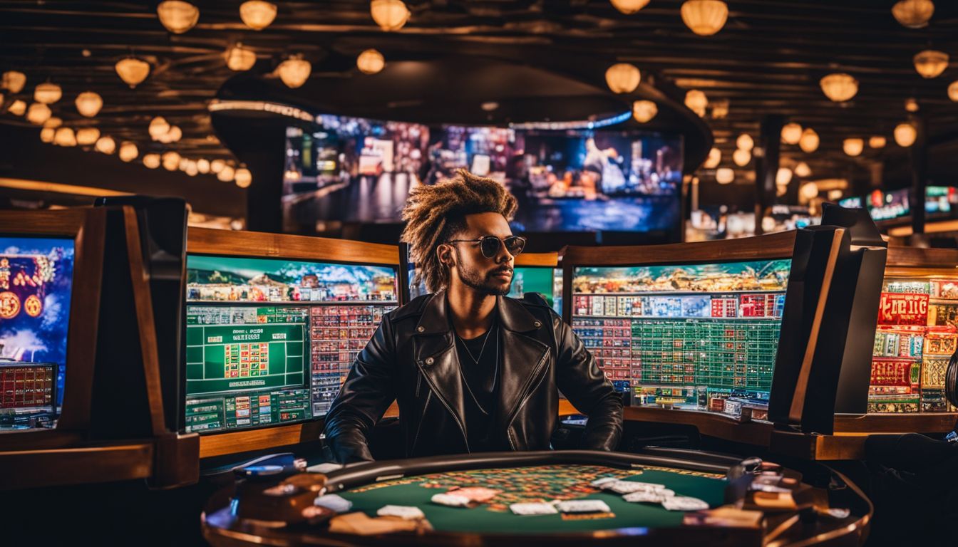 En snygg person som bär solglasögon och en skinnjacka sitter vid ett kasinobord med spelautomater i bakgrunden.