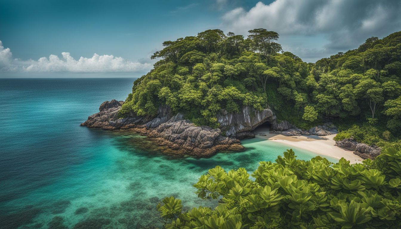 Avskild tropisk strand med en naturlig valvgrotta, omgiven av frodig grönska och kristallklart vatten.