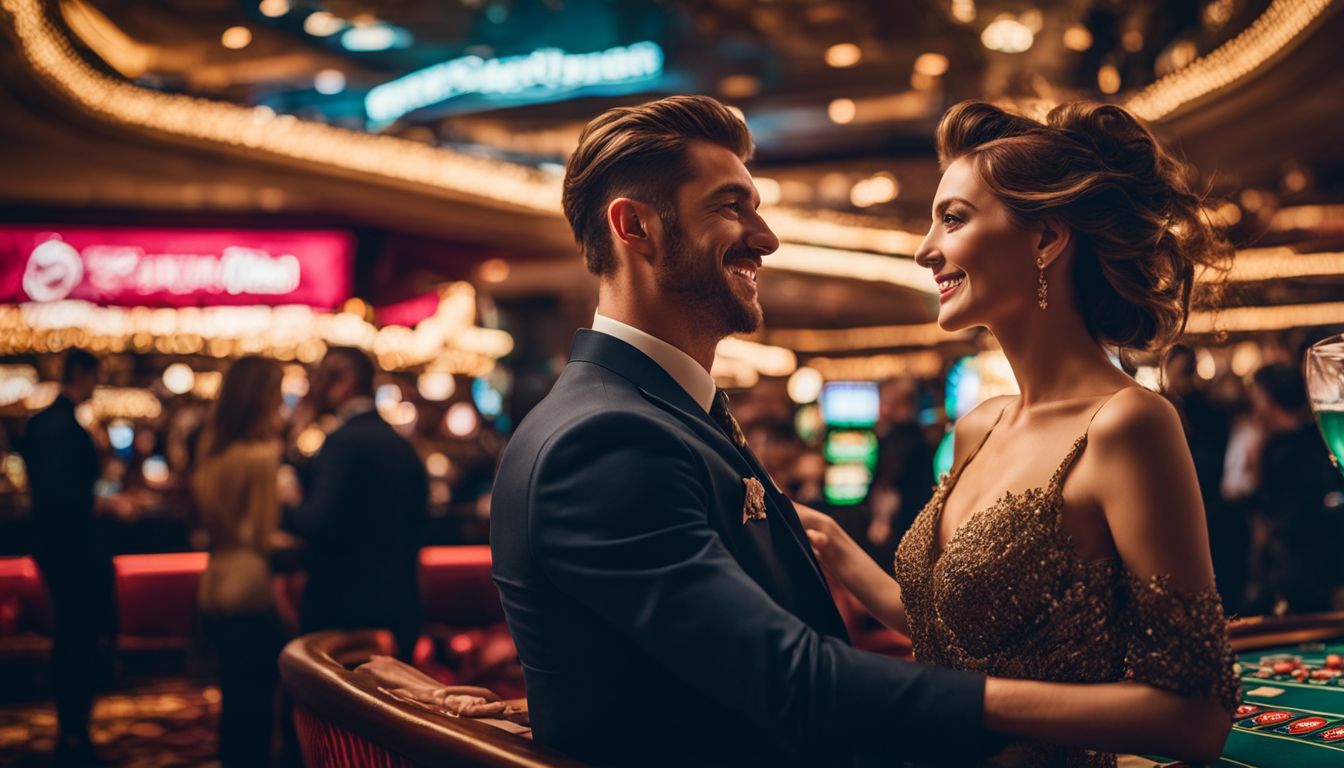 En man och en kvinna njuter av en kväll på ett livligt kasino i Europa.