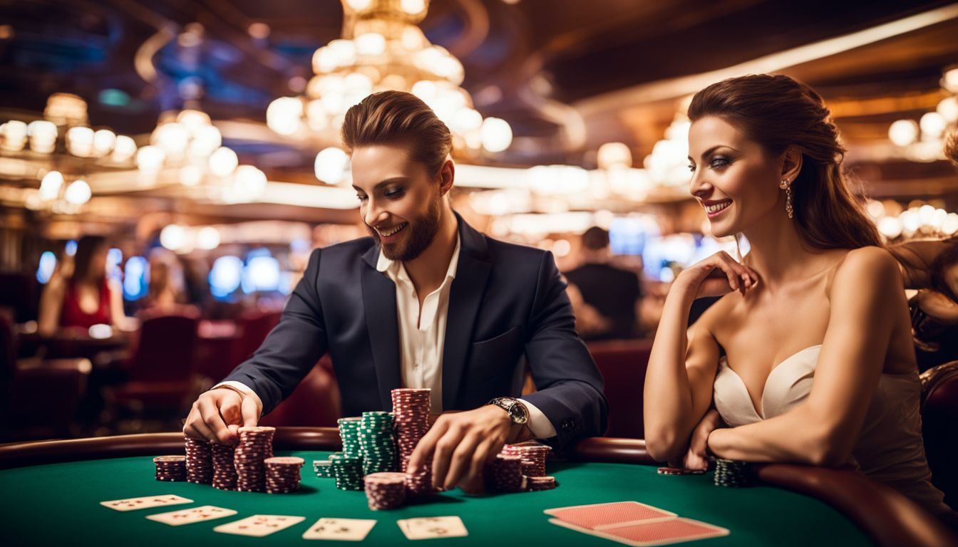 En kvinna och en man njuter av en pokerspel på ett lyxigt icke-svensk licensierad casino.