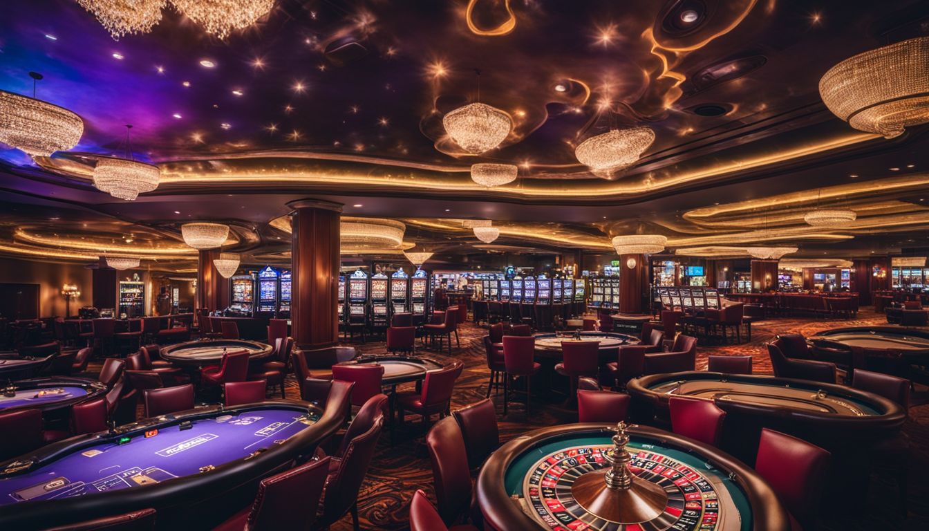 En online casino logo omgiven av teknik- och säkerhetssymboler samt olika människor.