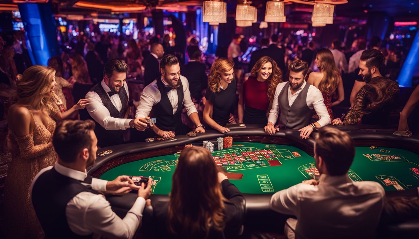 En grupp människor spelar kasinospel på en färgglad onlineplattform.