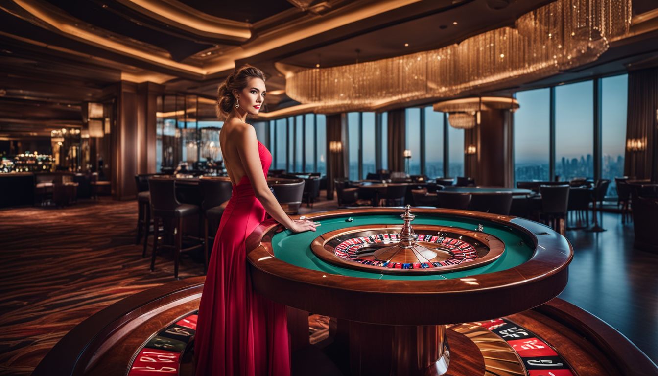 En elegant kvinnlig spelare vid roulettebordet i ett lyxigt kasino.