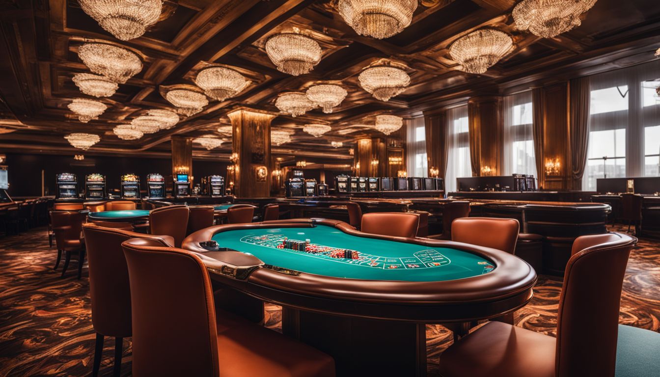 En tom casinobord med stadsmiljö och människor i olika kläder.