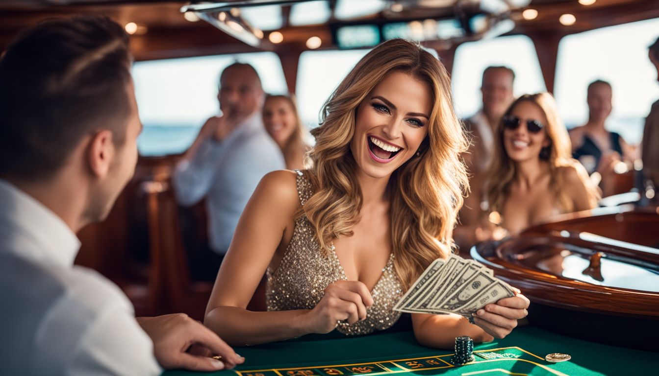 En kvinna mottar en stor bonuscheck från ett online casino på en lyxig yacht.