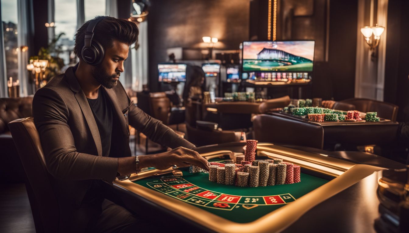 En fokuserad man som bär hörlurar som spelar roulette vid ett kasinobord.